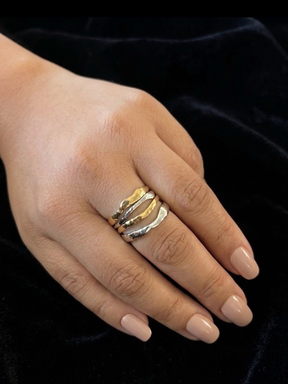 Hammered Stacked 2 colors tons adjustable ring stainless steel - Women Jewelry